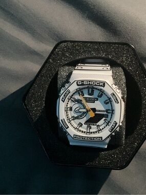 G-Shock White and Black Analog-Digital Watch with Yellow Accent